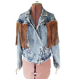Vintage Prezzia Acid Wash Denim Jacket w Suede Fringe Medium